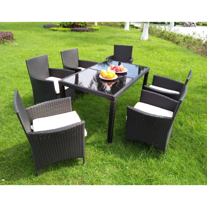 Pe Rattan Dining Set Tempered Glass Table Top With 6 Chair